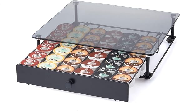 Nifty Rolling Coffee Pod Drawer Tempered Glass, Black, Compatible with K-Cups, 36 Pod Pack Holder, Compact Under Coffee Pot Storage Drawer, Slim Home Kitchen Counter Organizer