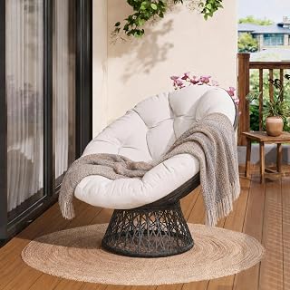 Papasansessel 360° drehbar mit Stahlrahmen, Rattan, beige | Ergonomisch mit dickem Kissen, runder Loungesessel für Wohnzimmer, Leseecke und Lounge