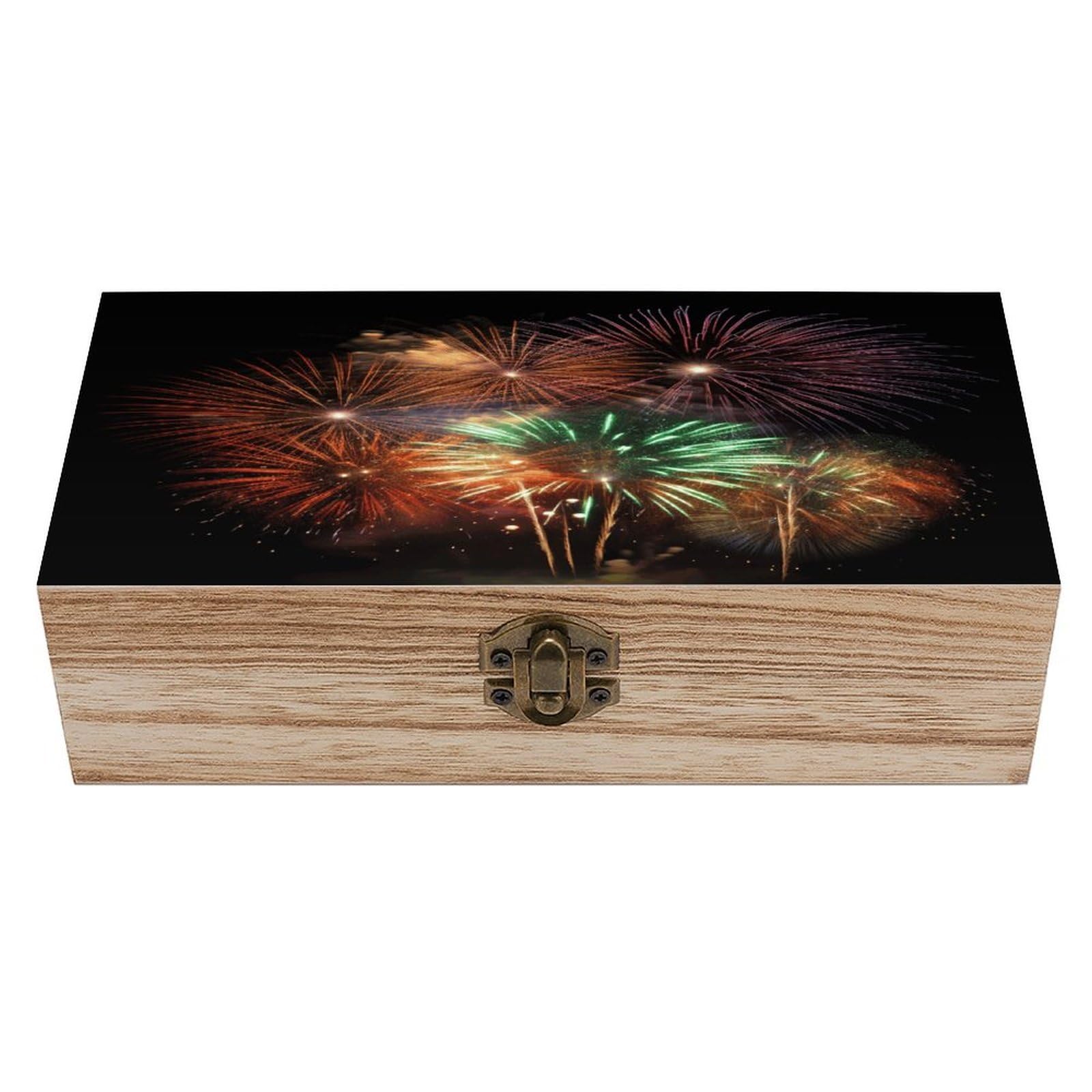 FekiLoot Natural Wooden Keepsake Box with Hinged Lid, 8x4 Inch Splendid Fireworks Memory Box, Wood Jewelry Organizer & Trinket Holder, Gift for Men Women Anniversary Wedding