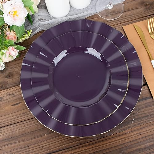 Miniatura 6 de Efavormart - Paquete de 10 platos redondos de plástico para ensalada de postre de 9 pulgadas, platos desechables con borde ondulado dorado para