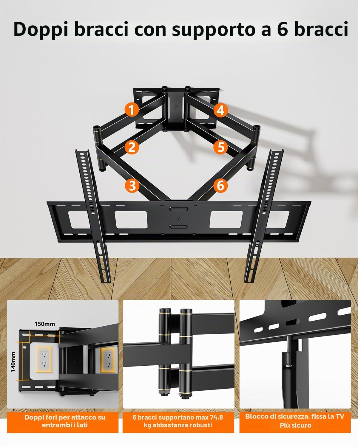 Supporto da Parete per TV con Braccio Articolato Extra Lungo da 1080mm per Piatti e Curvi da 50 a 100 Pollici, Staffa TV con Movimento Inclinabile ed Estendibile, fino a 75kg, VESA 800x600mm