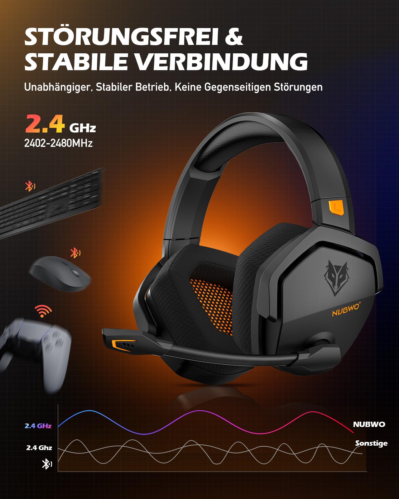 NUBWO G06 Dual Wireless Gaming Headset für PS5, PS4, PC, Mobile: 2.4 GHz + Bluetooth, 100 Stunden, 50mm Treiber, Orange
