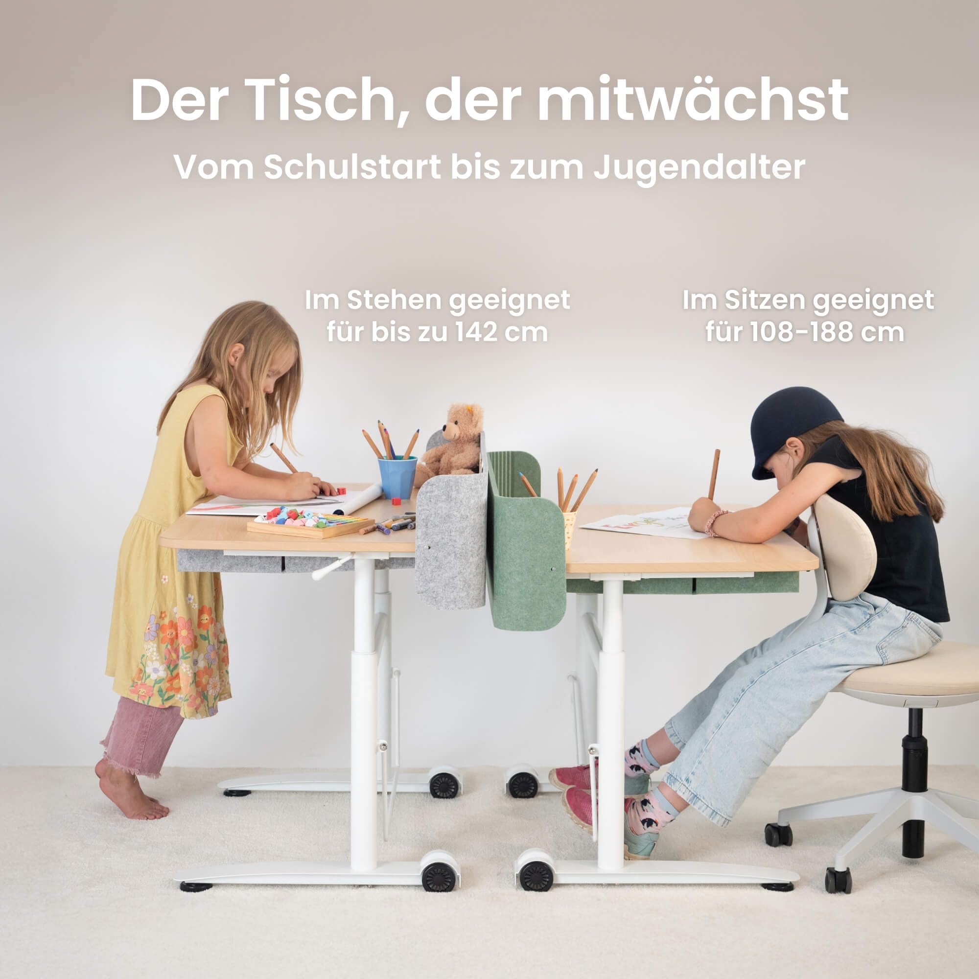 Ergotopia Kinderschreibtisch höhenverstellbar – ergonomischer Schülerschreibtisch für Kinder ab 6 Jahre, mitwachsender Schreibtisch für Grundschule & Hausaufgaben