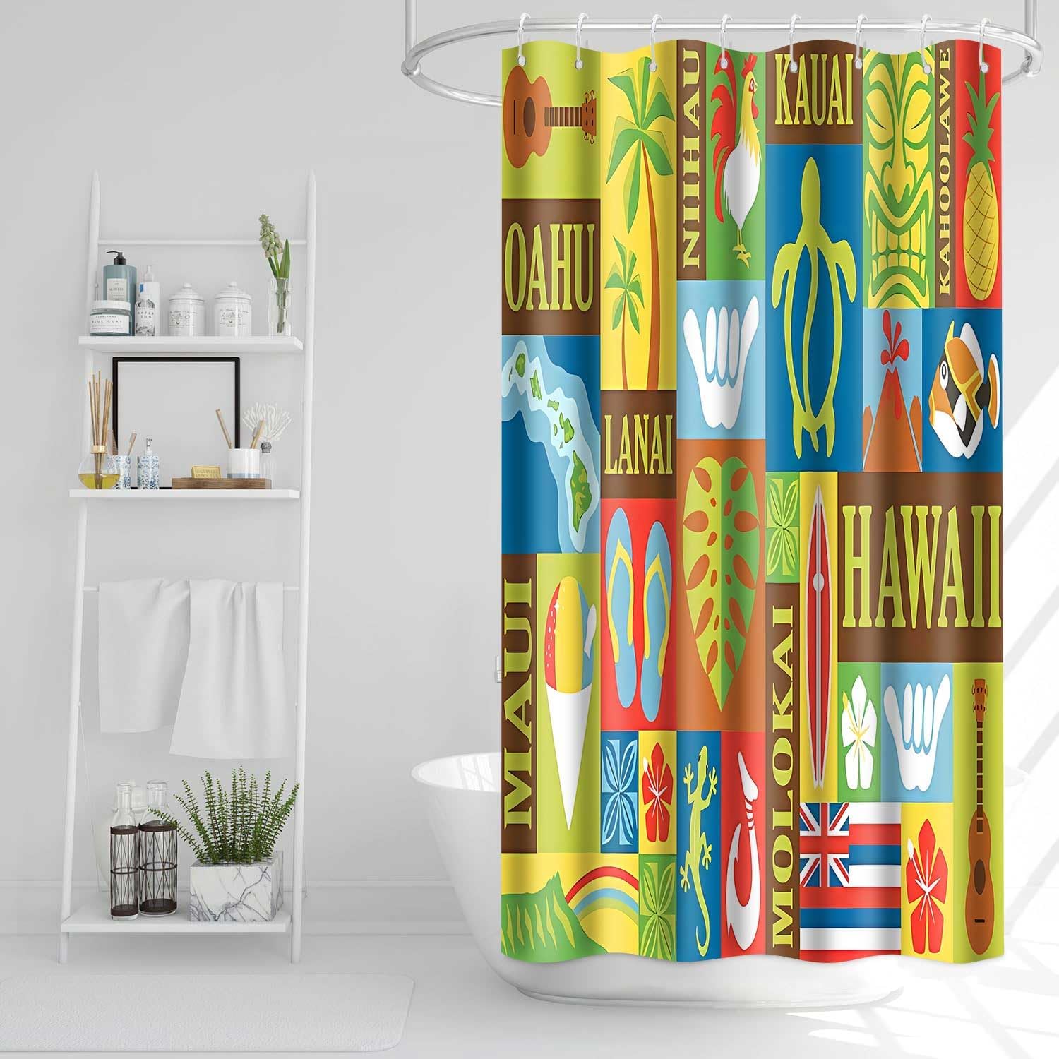 Hawaii Shower Curtain, Retro Hawaiian Exotic Tiki Bathroom Shower Curtains, Tropical Aloha Theme Bathroom Curtains Decor Set with 12 Hooks, 72x72inch YLOKTP0634