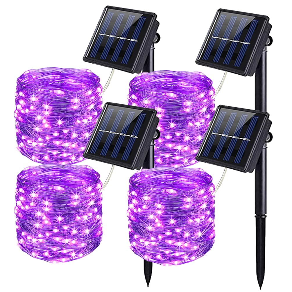 Solar String Lights Outdoor Waterproof, 4 Pack 100 LED Solar Garden Lights, Copper Wire Lights with 8 Mode 12M/33Ft, Solar Powered Patio Lights for Home Christmas Parties Wedding (Purple)