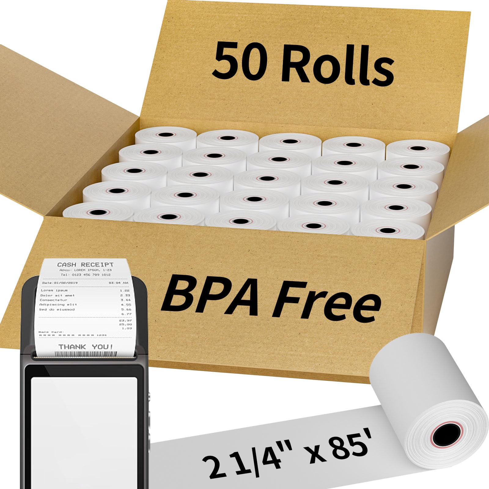 (50 rollos) rollos de papel térmico para recibos de 2 1/4 pulgadas x 85 pies, sin BPA, rollos de papel térmico para caja registradora, POS, rollos de papel térmico para tarjetas de crédito de 2 1/4