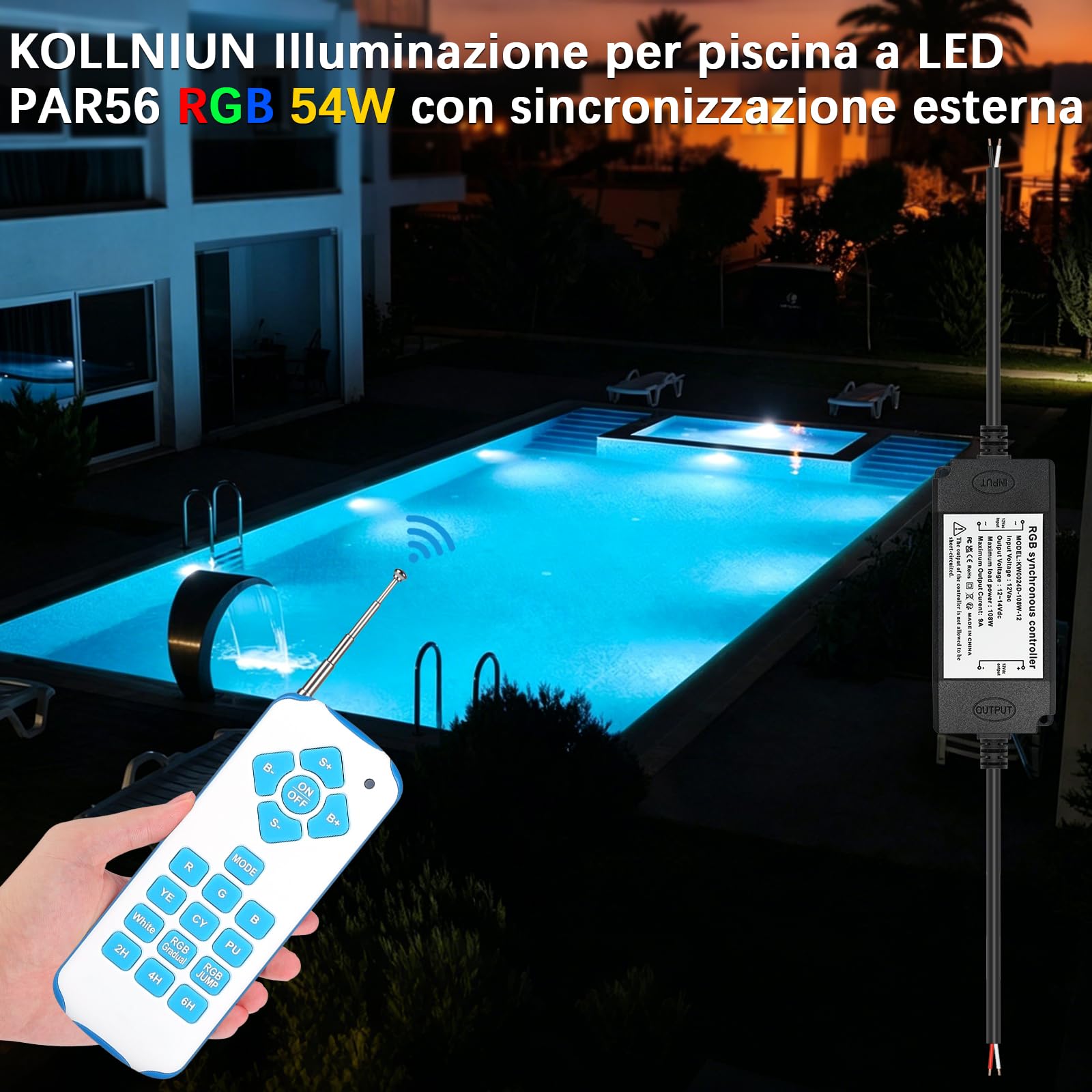 Illuminazione LED per piscina RGB, 54W, PAR56, luce subacquea, lampada da bagno, sincronizzazione esterna con telecomando, 12 V AC, IP68 impermeabile