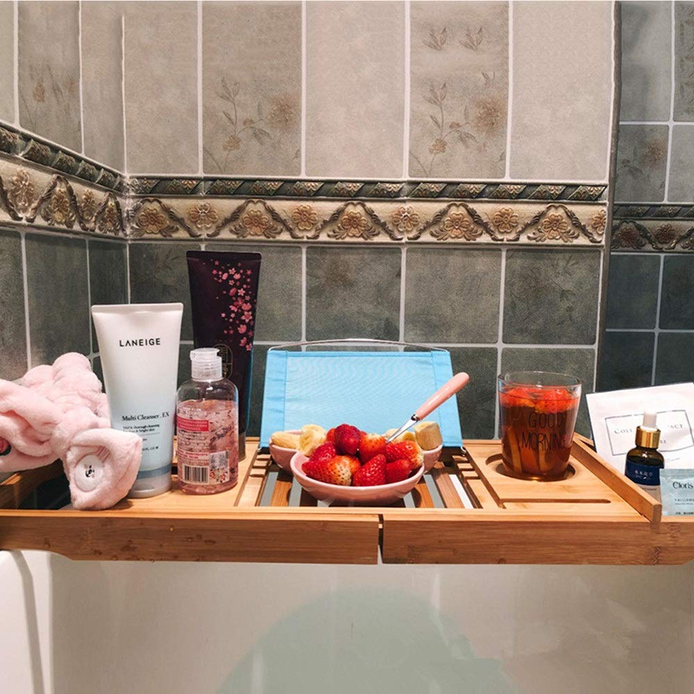 Estante para bañera Bandeja para bañera de bambú Puente de Bandeja para baño con Lados Extensibles Soporte para Tableta para Libros Incorporado Bandeja para teléfono móvil Soporte para Copa de Vi