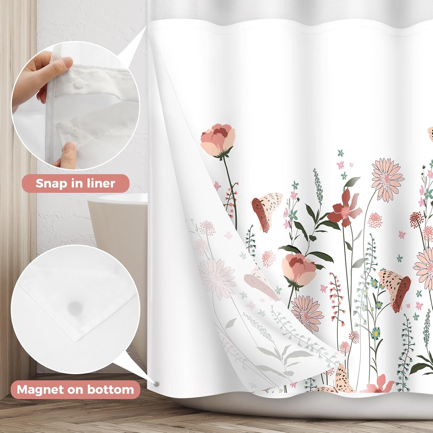 Shower Curtain No Hooks with Snap in Liner, Luxury Double Layers Floral Shower Curtain Set with See Through Mesh Top Window for Hotel Bathroom Decorative Waterproof Washable 71 x 74 Inch