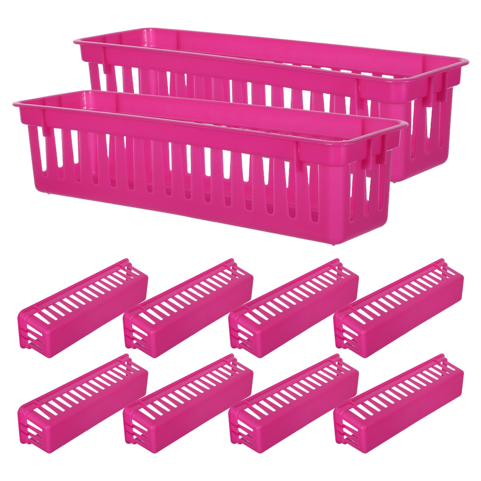 UKCOCO Cestas Organizadoras de Escritorio de Plástico Estrechas Rosa Fucsia Portalápices Rectangular Pequeño 12 Unidades para Útiles Escolares Bandejas Multiusos para Cajones y