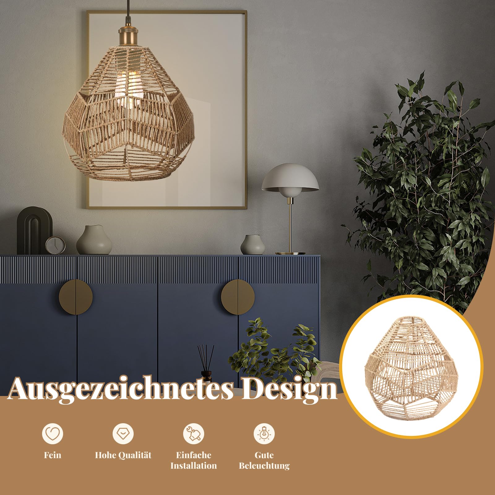 Baoblaze Rattan Lampenschirm Hängend, Korb Lampenschirm für Hängelampe, Boho Lampe Pendelleuchte, Rattan Bambus Hängeleuchte Esstischlampe für Schlafzimmer Flur Küche Esstisch