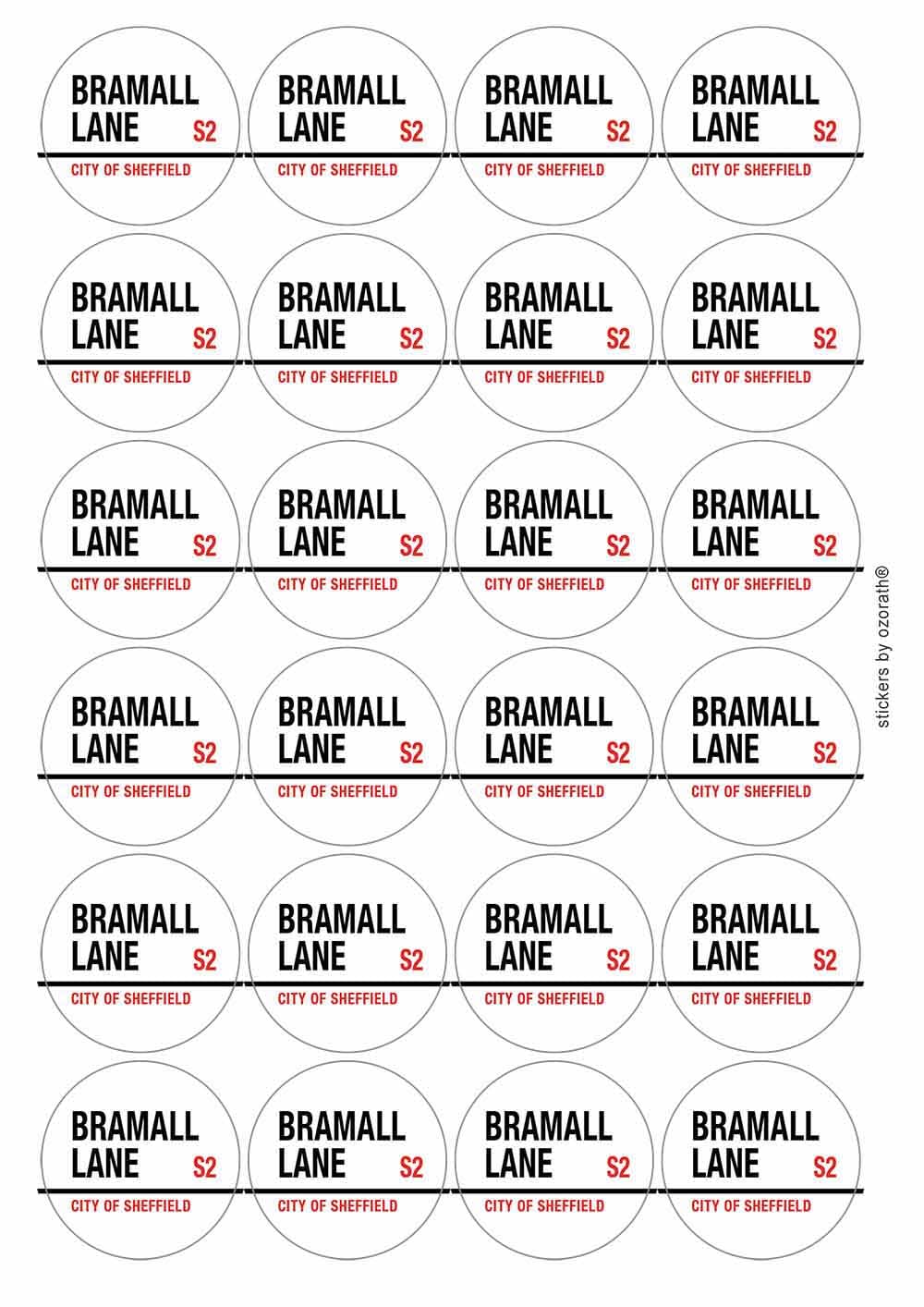 Bramall Lane S2 City of Sheffield Road Sign Circular Matt Paper Stickers A4 Sheet of 24 (Each Sticker is 45mm Diameter)
