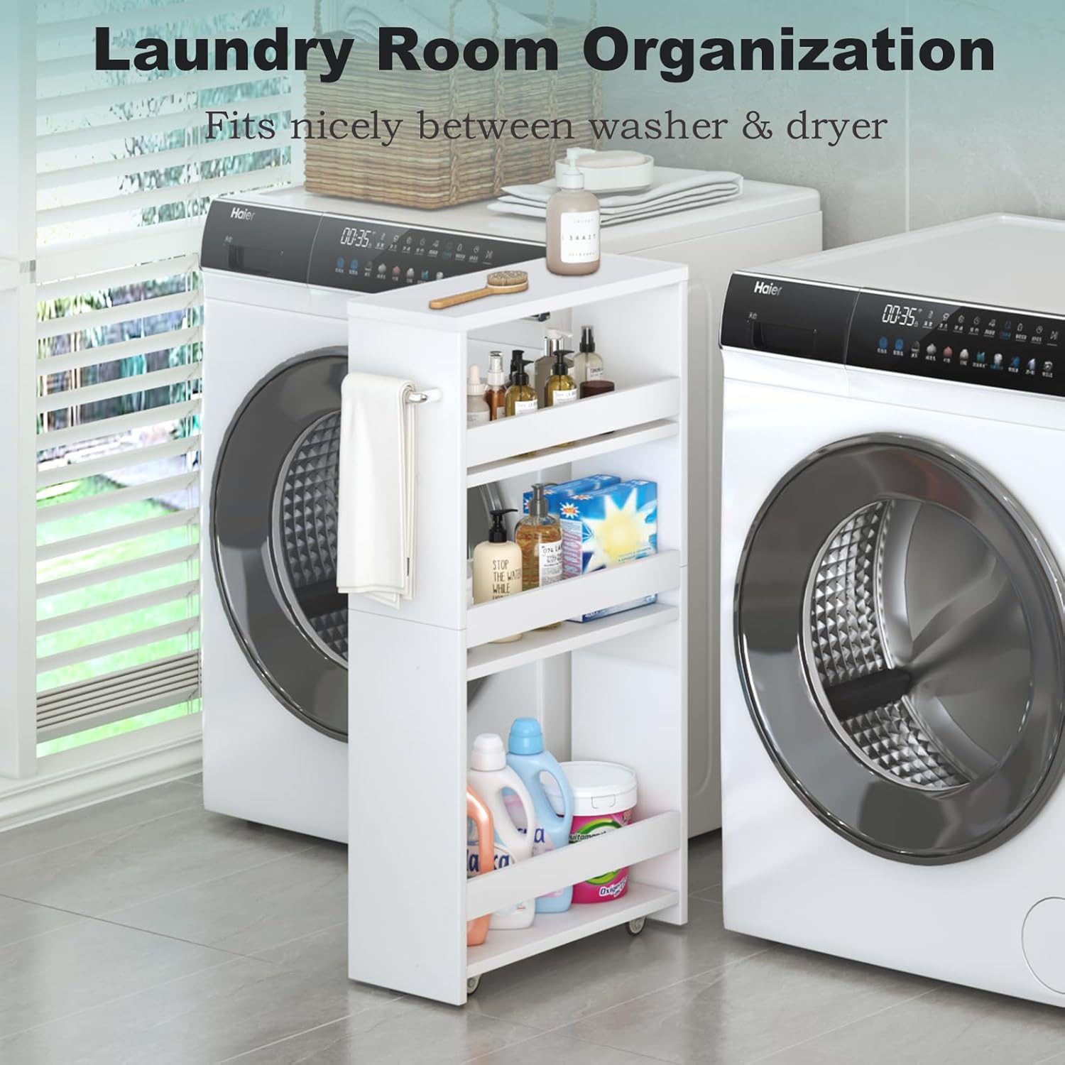 MARTY White Slim Storage Cart with Wheels, 4 Tier Rolling Utility Cart with Handle Slide Out Shelving Unit Organizer Trolley for Laundry Kitchen Bathroom Narrow Places Small Corner - Image 4