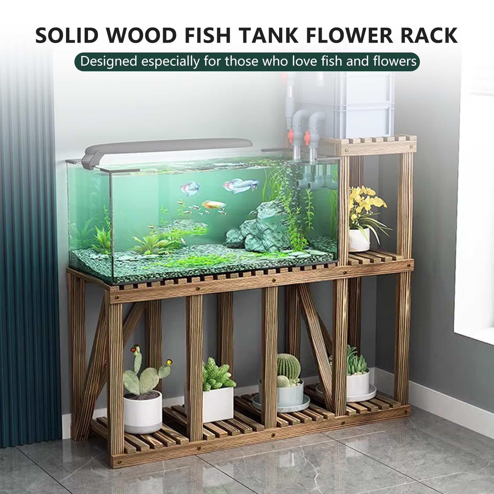 Support pour Aquarium en Bois Massif, Robuste Et Résistant, avec Rangement à Plusieurs Niveaux, en Pin Carbonisé, étanche Et Résistant à Lhumidité, Idéal pour Un 70cm/27.6in
