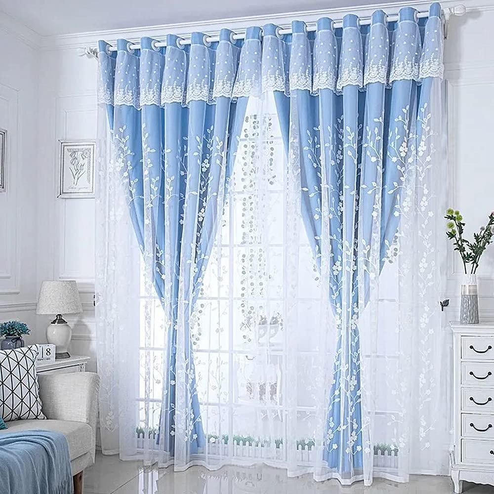 Photo 1 of Amidoudou 1 Pair Double Layer Flower Curtains for Girls Room Living Room Pastoral Flowers and Leaf Embroidered Curtains for Bedroom (Blue,54x84 Inch)
