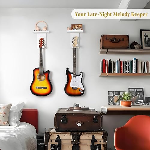 Miniatura 69 de Keebofly Soporte de pared para guitarra, paquete de 3, colgador de guitarra de madera rústica con soporte para púas para acústico, eléctrico, bajo
