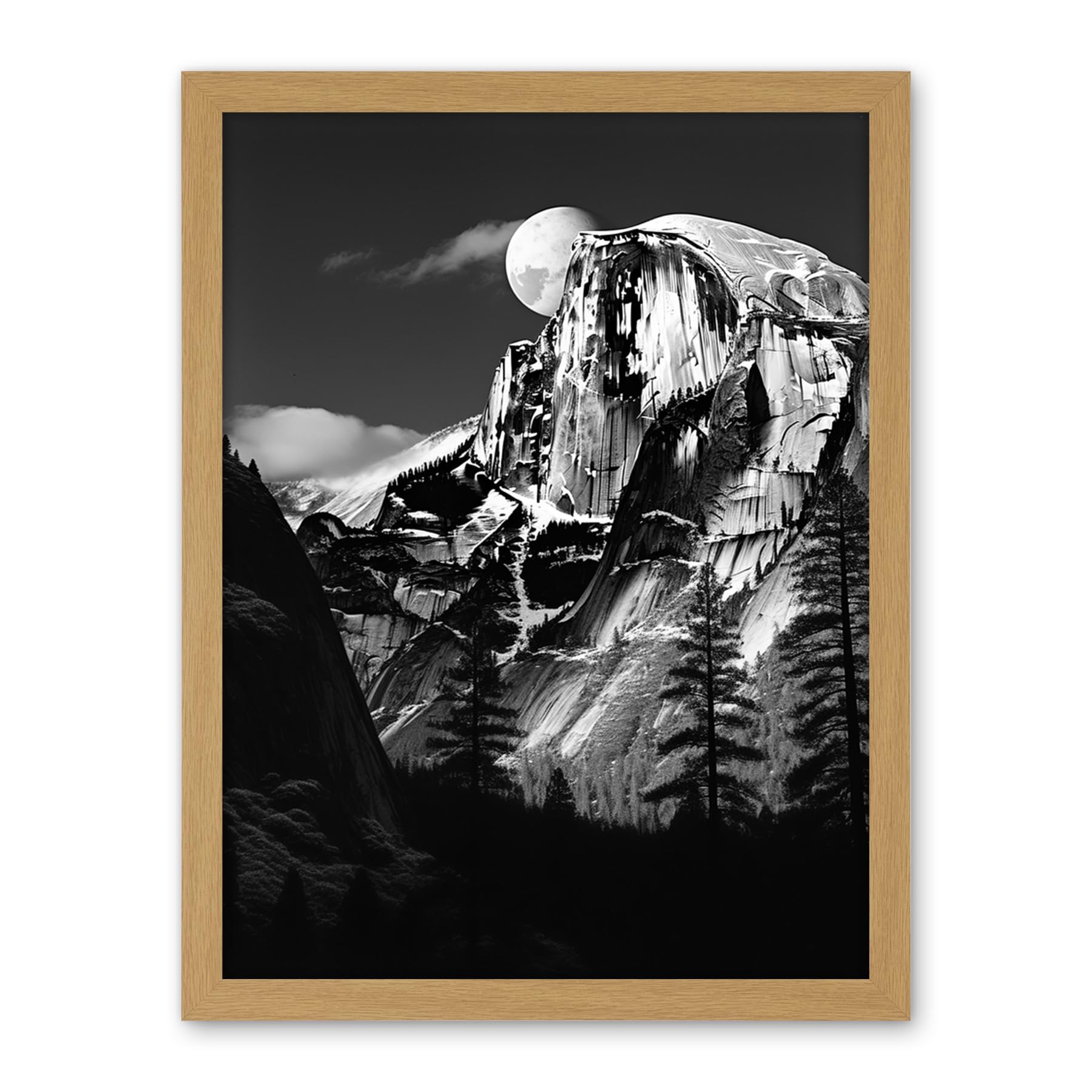 Artery8 Moonrise Behind Half Dome High Contrast Black White Photograph Yosemite National Park Full Moon and Mountain Forest Landscape Artwork Framed Wall Art Print 18X24 Inch