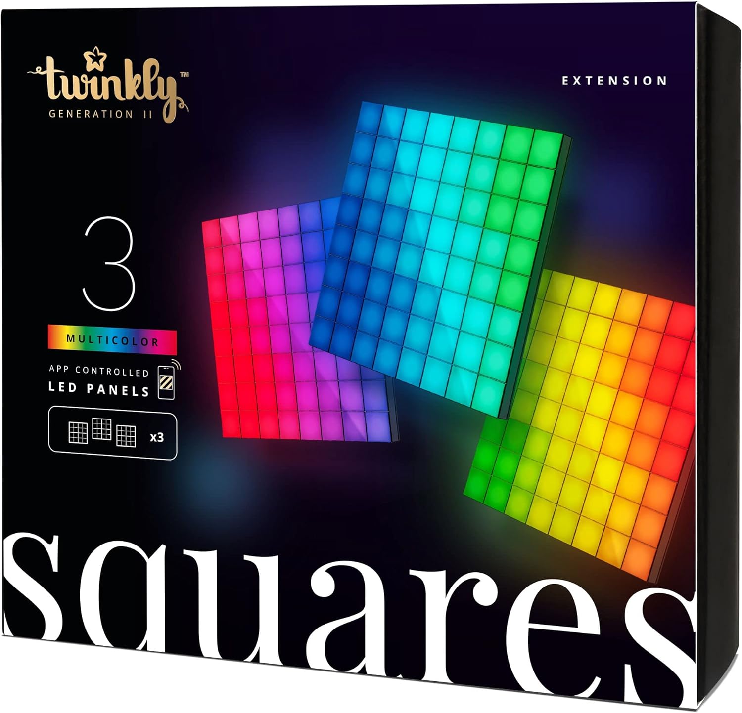 Twinkly Squares Extension Kit, RGB LED Panels Kit, Including 3 Extension Panels and Connection Cables, Compatible with HomeKit, Alexa and Google Home, Gaming Lights and Streaming, 16M+ Colors