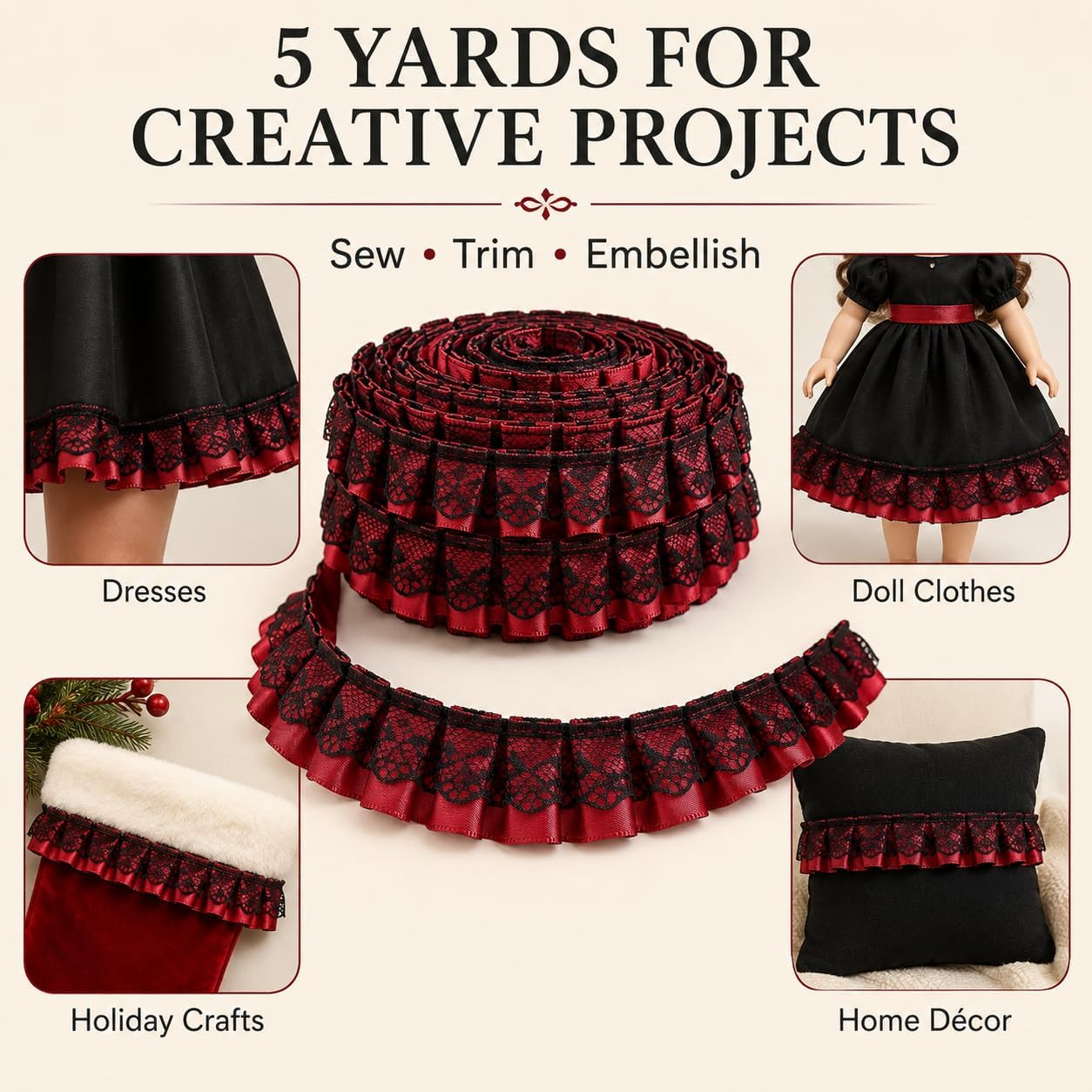 AIETSYEI Red Lace Ruffle Trim 1'' x 5 Yds Satin Sewing Ribbon