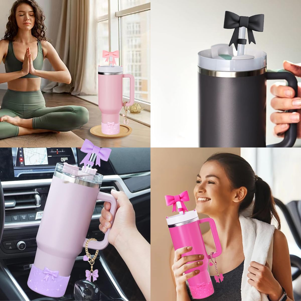 Accessories Set for Stanley Cup,2Pcs Bow Straw Cover Caps Straw Toppers,1Pcs Cute Bow and Heart Handle Charm and 1Pcs Bow Bling Silicone Boot for Stanley 30&40oz Tumbler (Black)