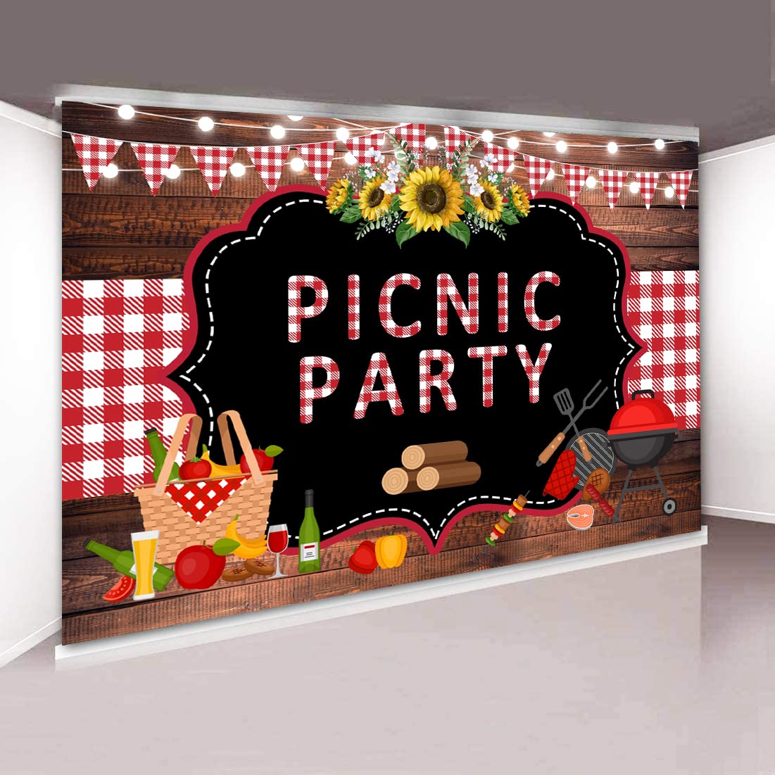 Withu Picnic Party Backdrop Wooden Red White Checkered Mat String Lights BBQ Photography Background Sunflower Outdoor Barbecue Decorations Banner Photo Booth Props 7x5ft