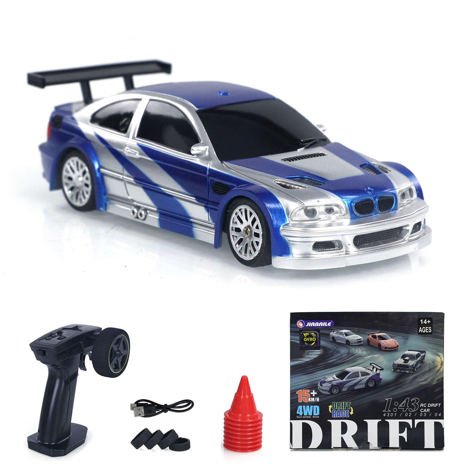 Coche de carreras RC Drift a escala 1/43 Gyro 4WD listo para usar, mini vehículo de control remoto, modelo de coche de pasatiempos de alta velocidad con giroscopio (azul y plateado), para