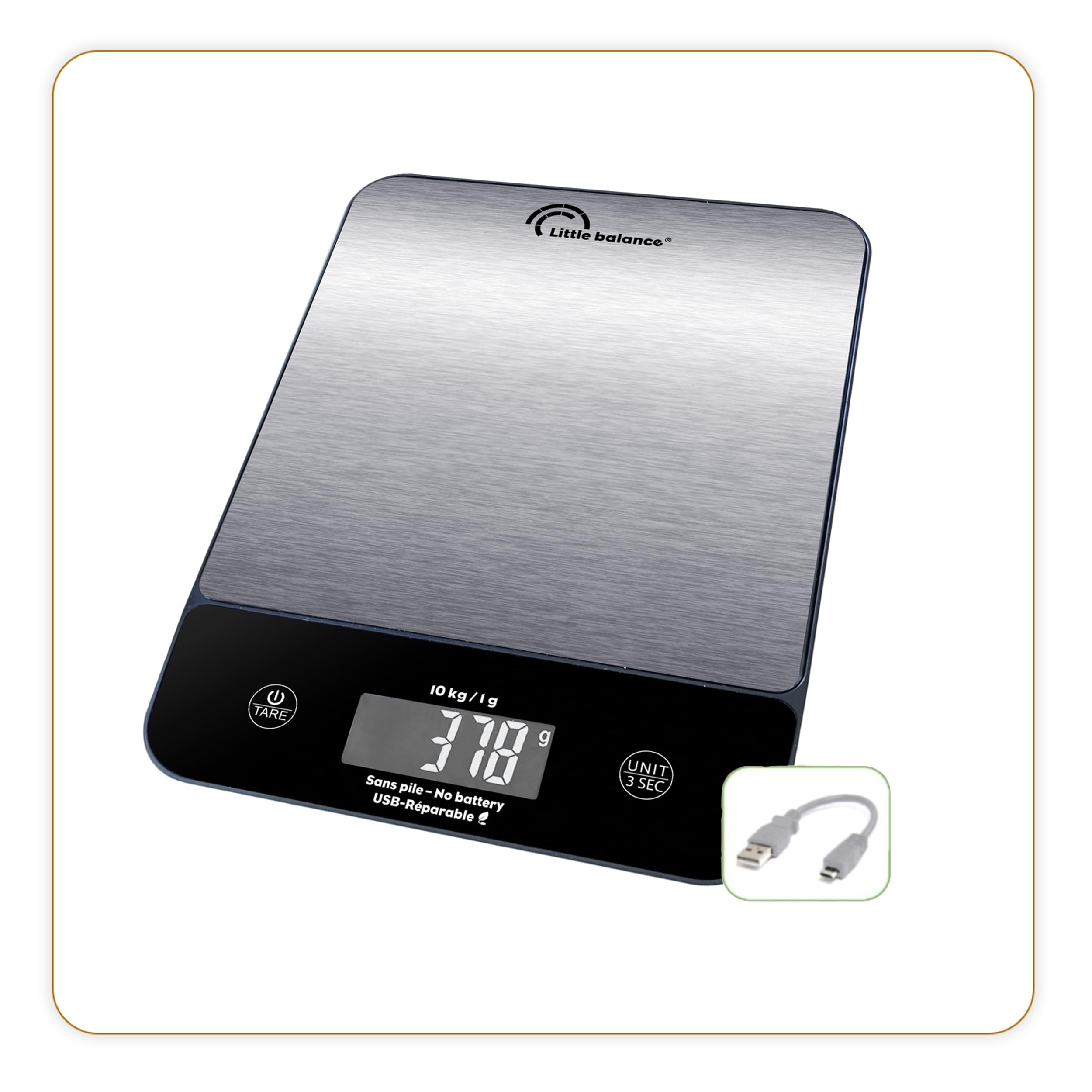LITTLE BALANCE 8711 Happy Genius 10 Iox, Bilancia da cucina senza batteria, ricaricabile USB, riparabile, 10 kg, acciaio inox