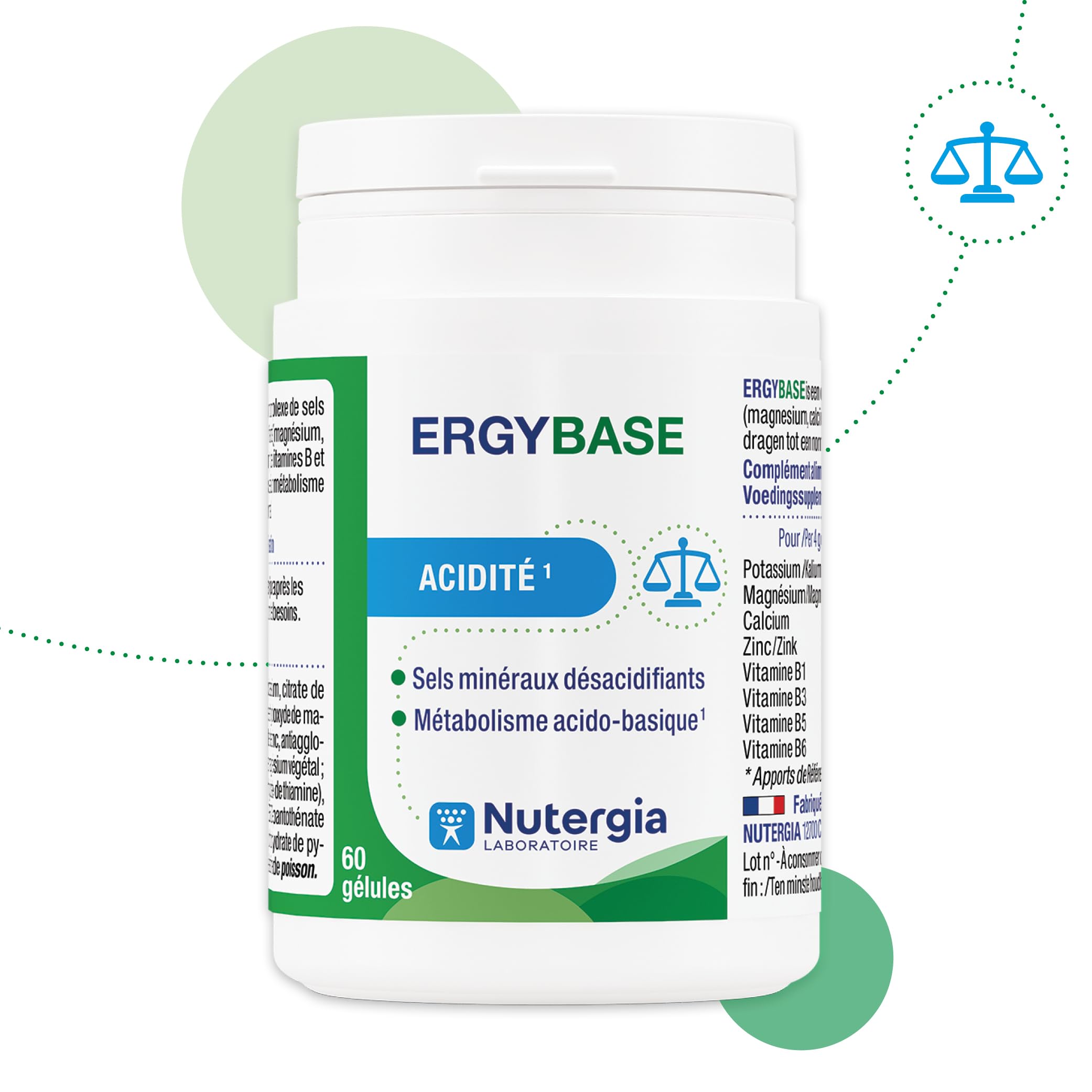 Nutergia – Acidité – Maintien de l’équilibre acido-basique – Fonctionnement des enzymes digestives – Complément alimentaire – 60 Gélules – Fabrication Française