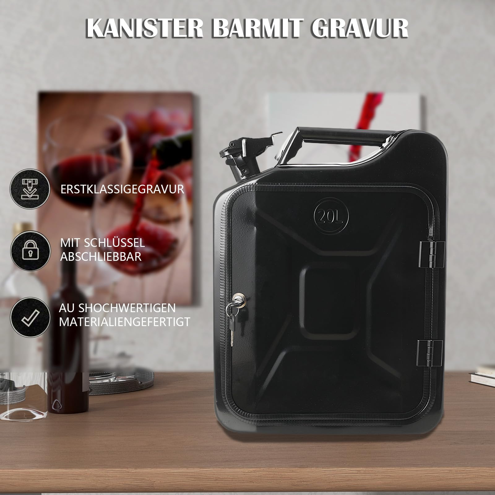 20L Kanister Mini Bar, Schwarzer Whiskey Bar Schrank Jerry Can Mobile Bar, Geburtstagsgeschenk für Männer personalisierte Geschenke für Männer, Abschließbarer Minibar, 34x16x46 cm