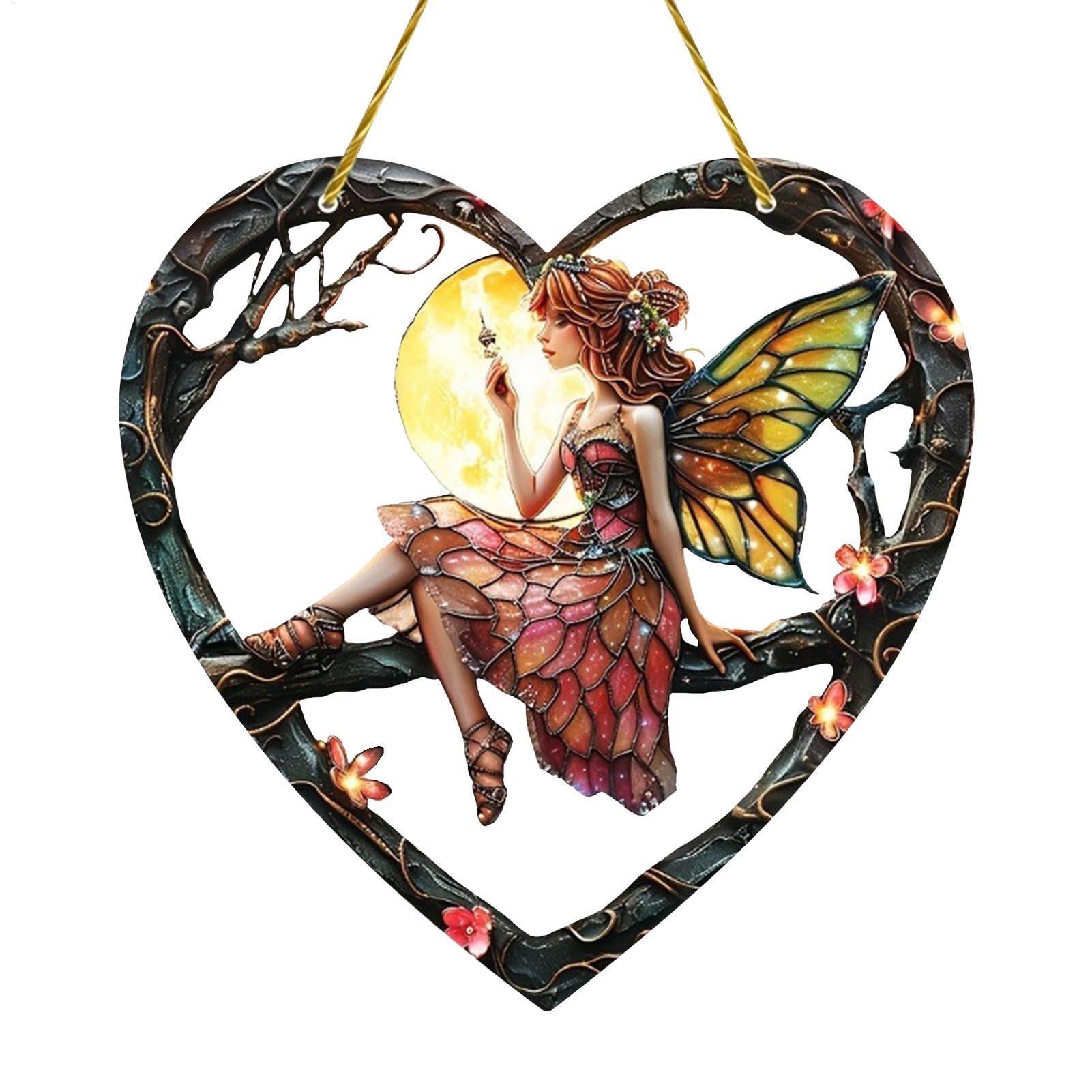 Fairy Sun Catcher, Stained Glass Effect Heart Sun Catcher, Stained Glass Fairy, Acrylic Window Decors, Fairy Sun Decoration, Heart Shaped Fairy Hanging Decoration for Living Room