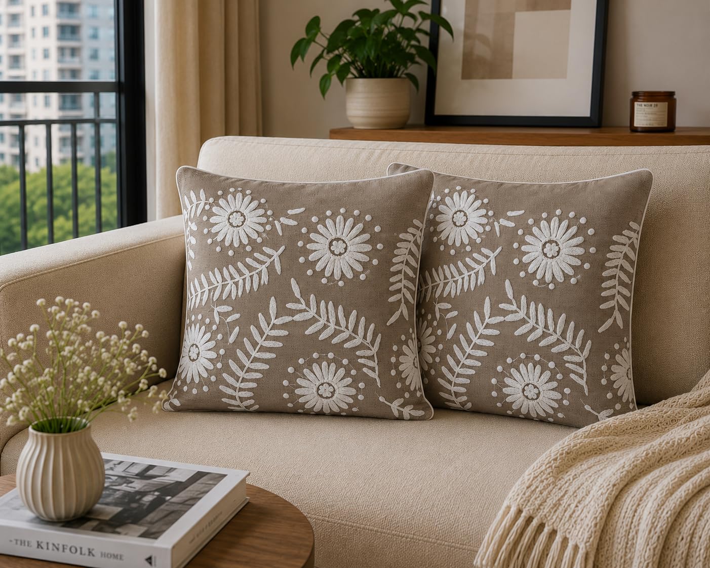 Prista Embroidered Cushion Covers Set of 2 (16x16 Inch) | Floral Cushion Cover for Sofa | Decorative Throw Pillow Covers for Living Room | Hidden Zipper (Ivory Meadow)-image-19
