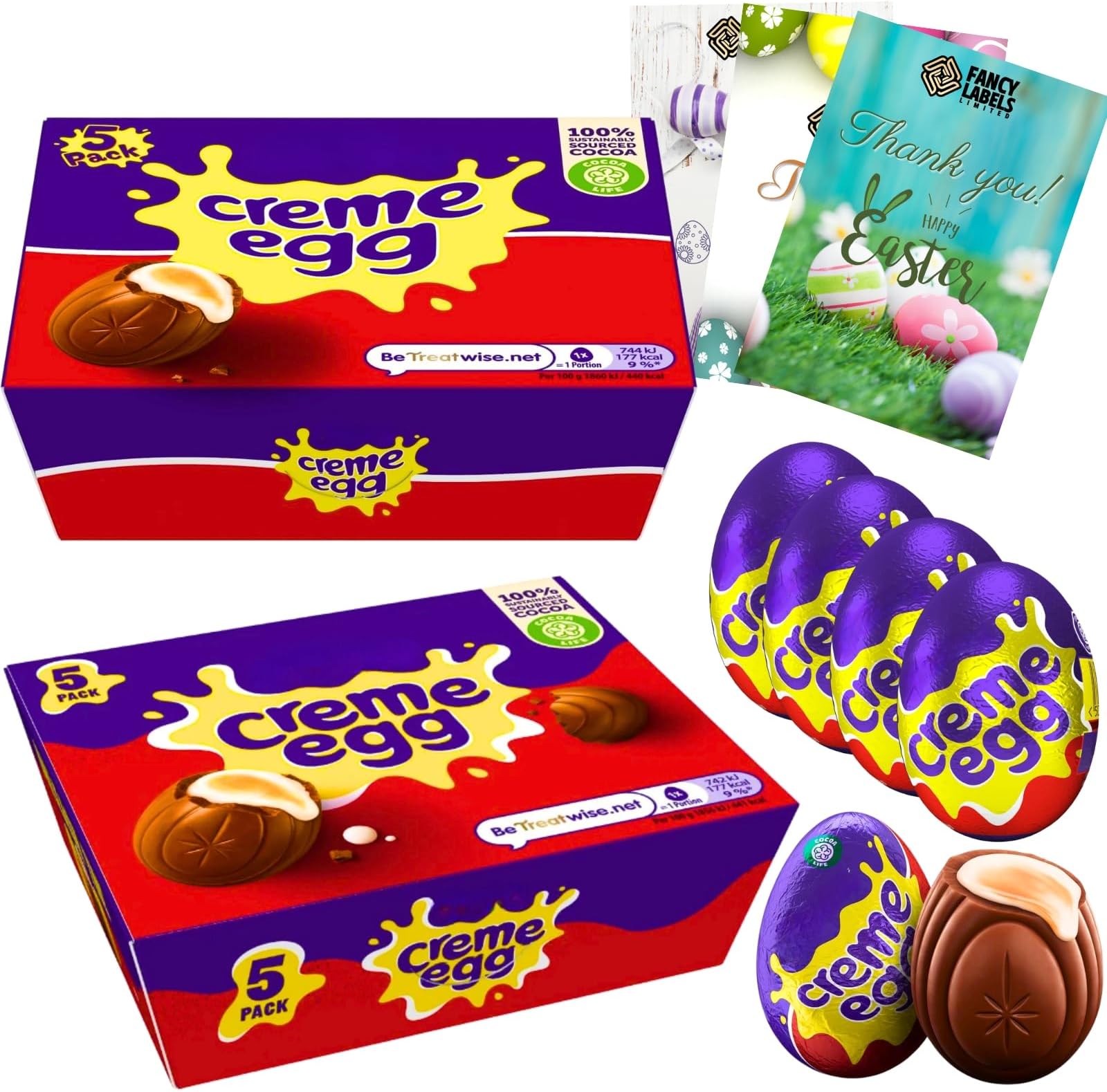 Creme Egg Multipack With 2 Boxes of Creme Eggs Chocolate 5 Pack 200g and 1 Fancy Labels Card | Chocolate Easter Eggs Gifts for Women, Men and Kids Egg Hunt