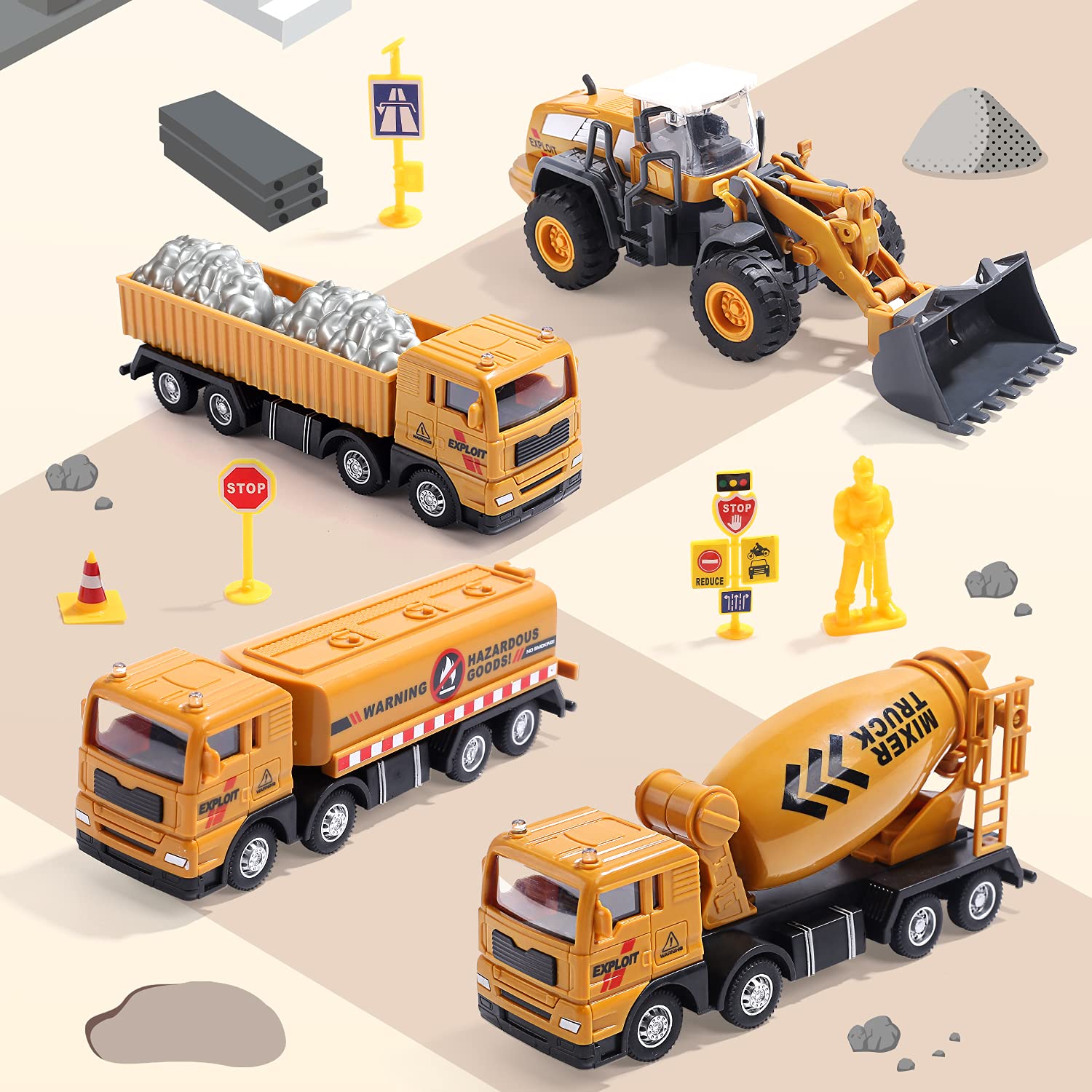 CUTE STONE Construction Vehicles Playset with Playmat, Kids Engineering