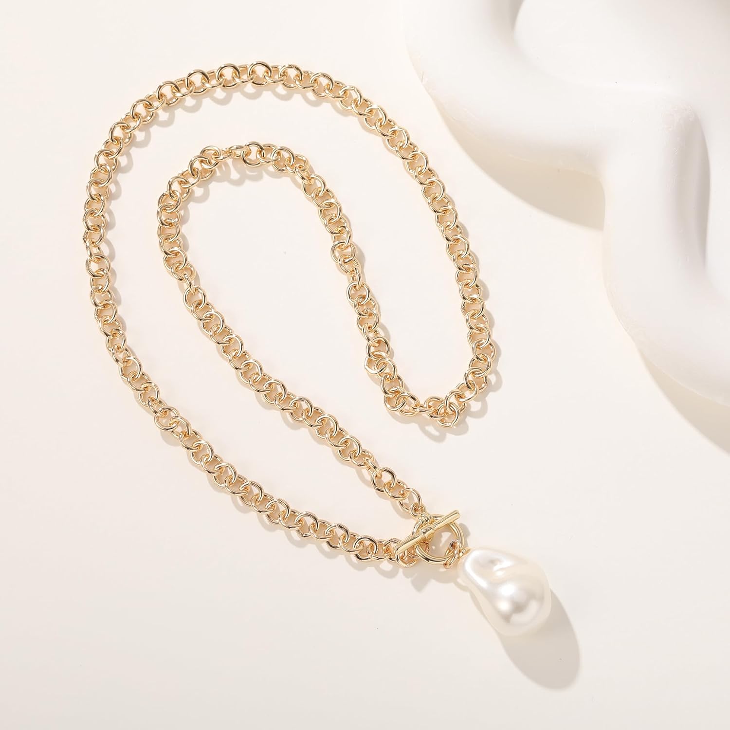 Valentine's Day Gifts for Her,Baroque Pearl Necklace for Women,Chunky Gold Chain Statement Necklace Thick Pearl Pendant Choker with Toggle Clasp Jewelry Gift for Chrismas - Image 4