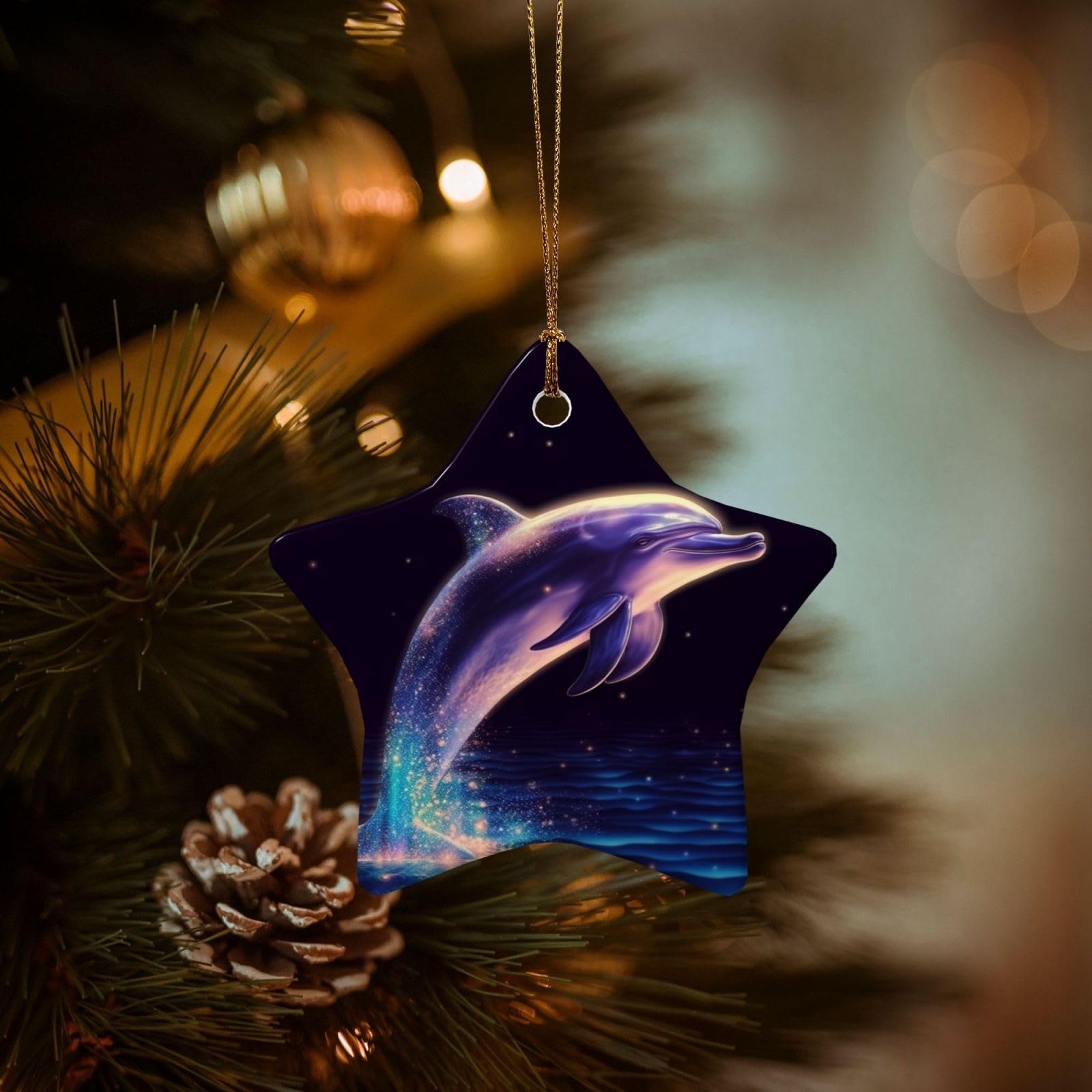 Christmas Ornaments for Christmas Tree Decoration Hanging Glitter Dolphin Ornament with Gold Ribbon Crafts Star Shape Ceramic Pendant for Keepsake Gifts Xmas Decor Party Supplies