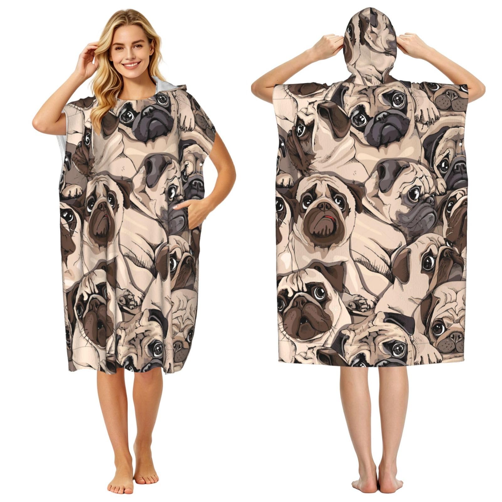 Poadnly Funny Pug Pattern, Adult Hooded Beach Towel 90 x 110 cm,Changing Bath Robe, Surf Poncho Towel For Women Men