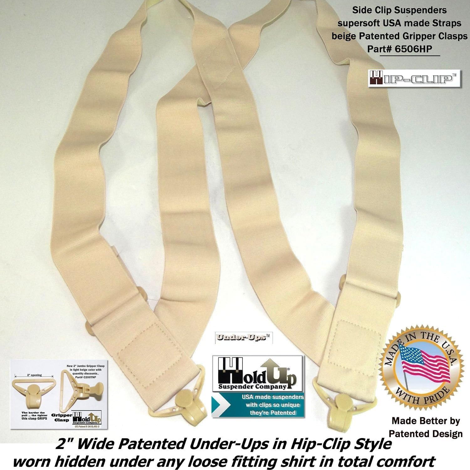Holdup Hip-Clip Style Under-Ups Suspenders for Men with the Patented Composite Plastic Gripper Clasps or No-slip metal clips