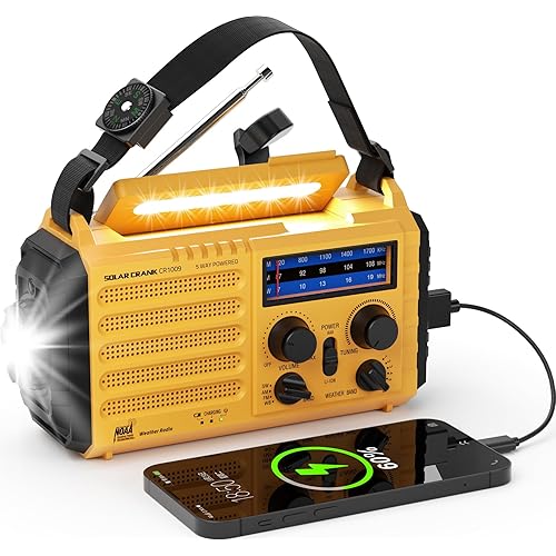Emergency Weather Radio, 5 Ways Powered Crank Solar Radio, Portable AM/FM/SW/NOAA Weather Radio Battery Operated with Cellphone Charger, Camping Flashlight, Reading Lamp, SOS Alarm for Home Outdoor