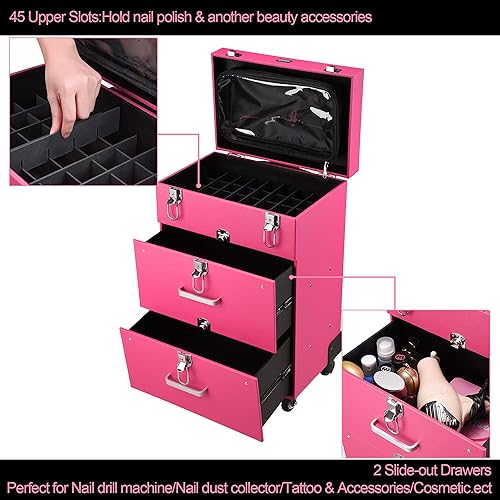 Miniatura 2 de BYOOTIQUE Estuche de maquillaje con ruedas para carrito de maquillaje profesional estuche de tren de PVC estuche organizador de bloqueo de 4 ruedas