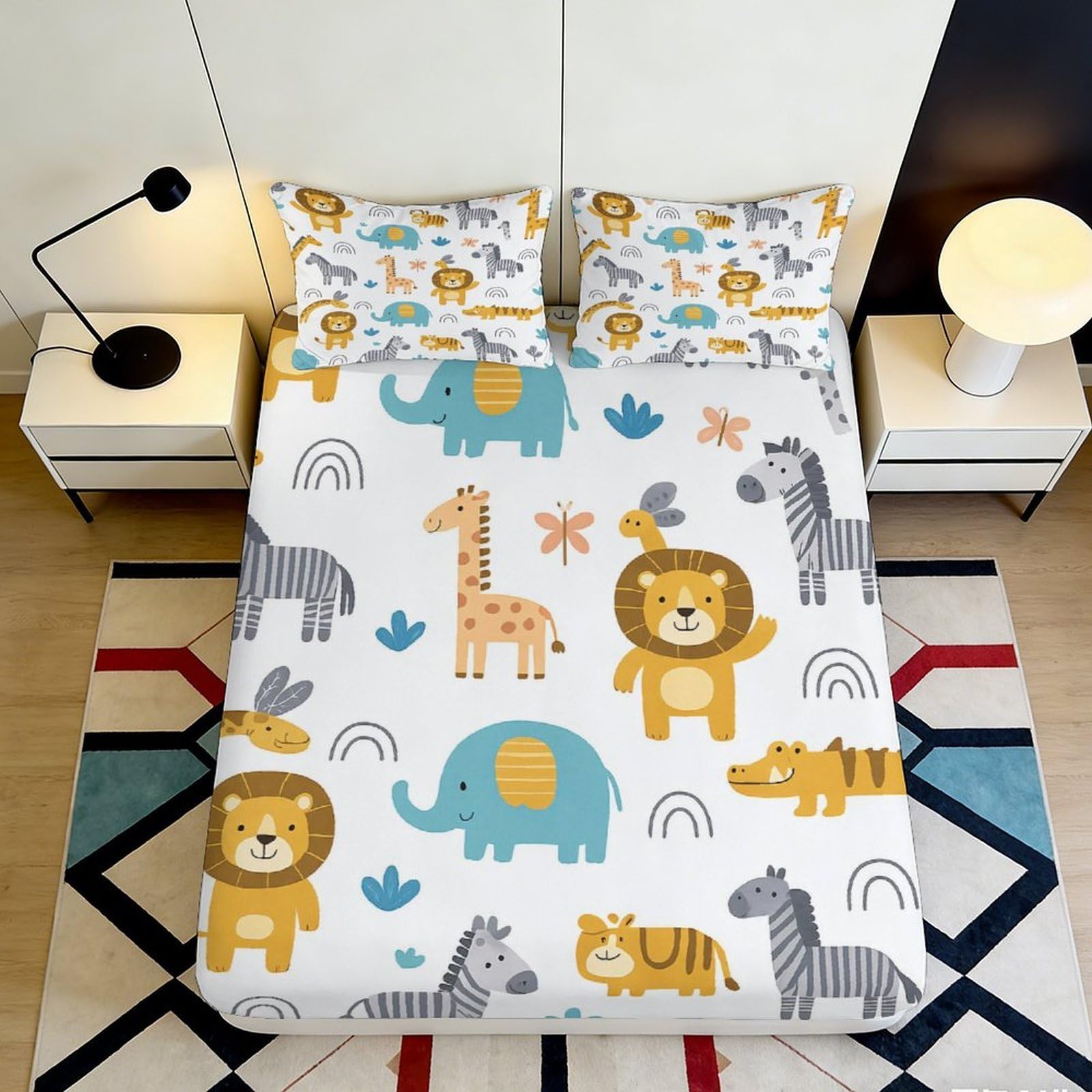 3D Printed Safari Animal Fitted Sheet Microfiber Soft Breathable Jungle Wildlife Mattress Cover for Bedroom Guest Room Decor 90x200x25cm