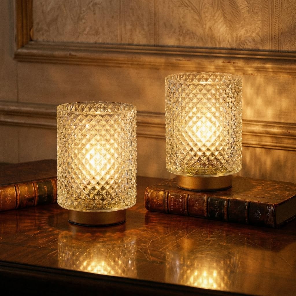 2 Pack Battery Decorative Operated Lamp,Small Accent Table Lamp with Timer for Bedside/shelf,Cordless Glass Ambience Lamp with Warm White Glow for Bookshelf/Entryway/Tabletop Decor(Iridescent Clear)