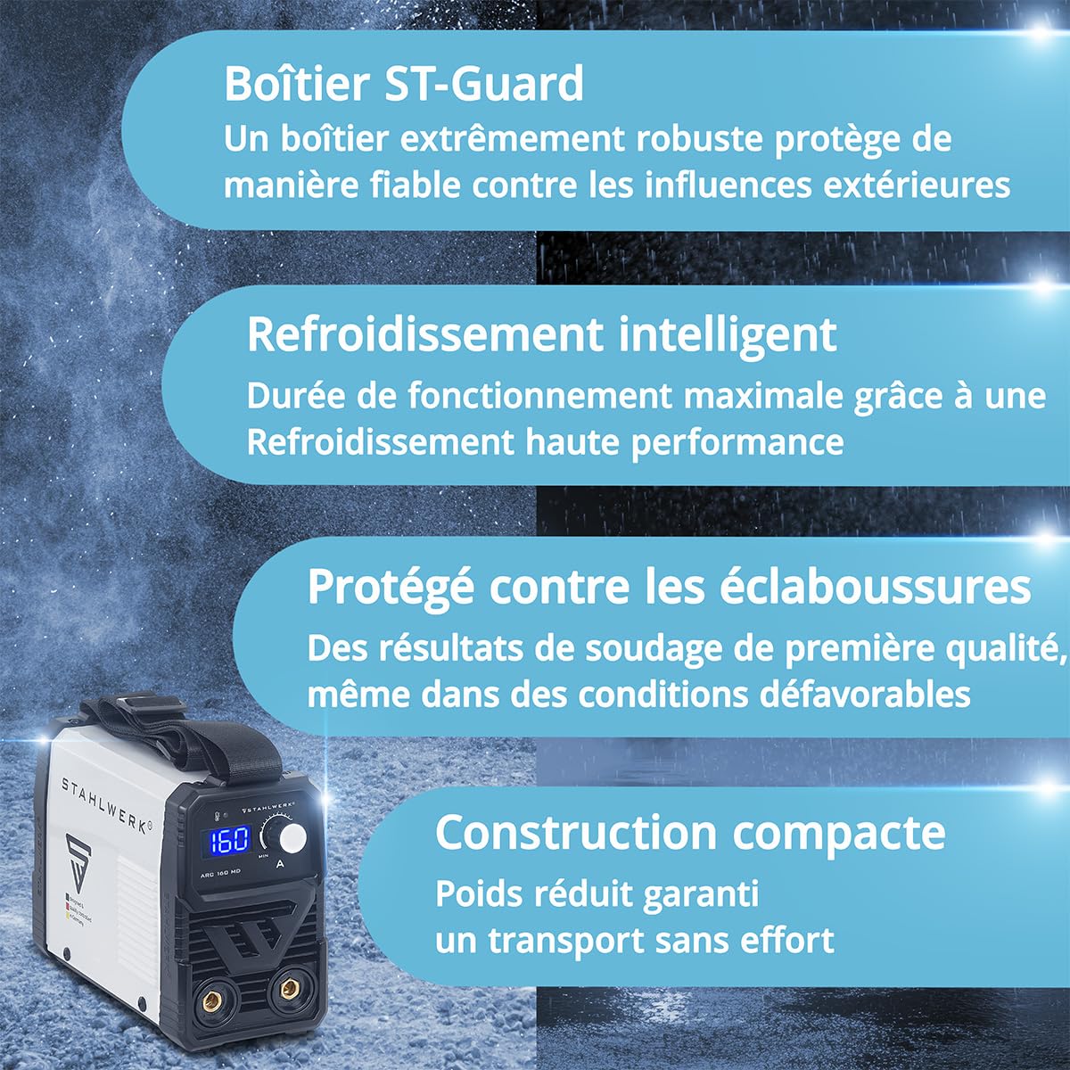 STAHLWERK Poste à souder à l'électrode ARC 160 MD – Kit complet – MMA jusqu'à 160 A, utilisation flexible sans gaz, compact & léger, évolutif TIG DC, Hotstart, Anti-Stick, Smart Cooling