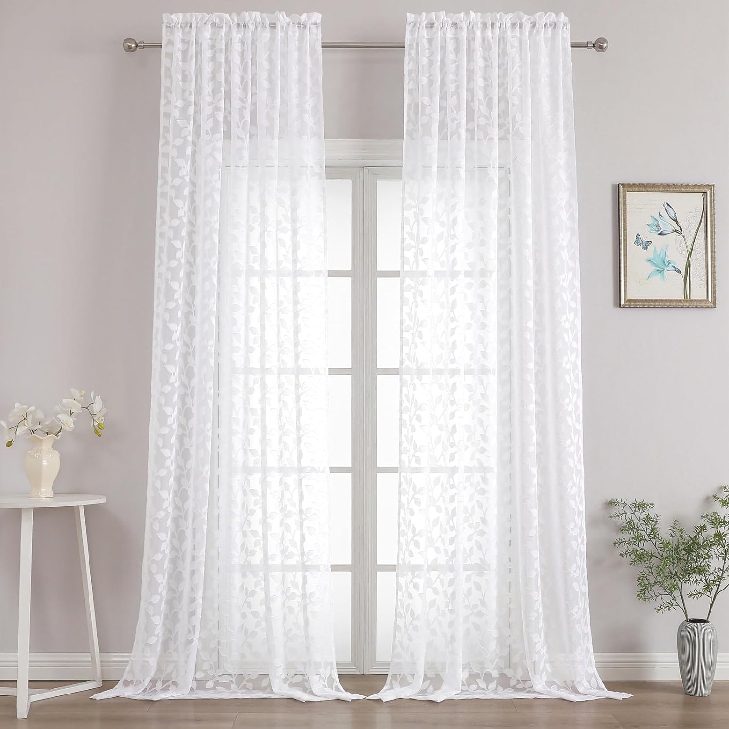 Chyhomenyc Extra Long White Sheer Curtains 108 Inch Length 2 Panels Set, Light Filtering Tufted Textured Soft Airy Rod Pocket Gentle Leaf Window Treatment Drapes for Living Room, 52" Wx108 L, 2PCS