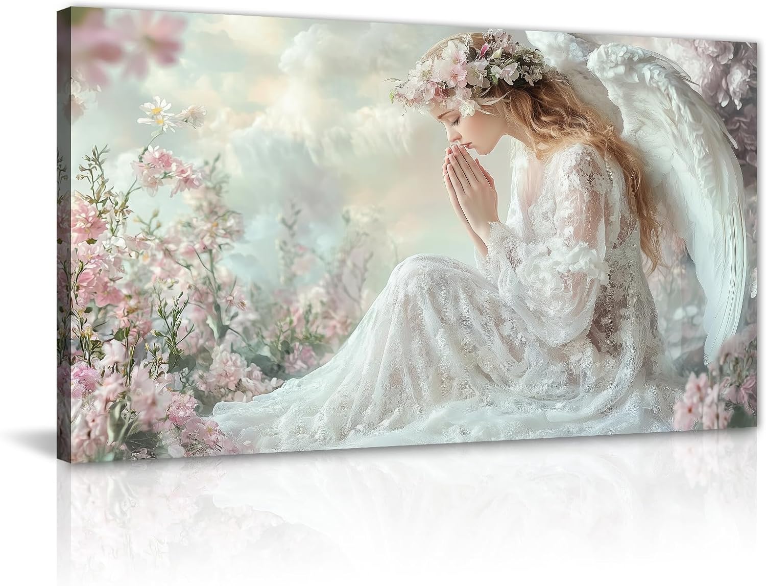 GLOKAKA Angel Wall Art Elegant Angel with White Wings Canvas Prints Pink Flower Field Poster Romantic Artwork for Bedroom Living Room Home(Artwork-1,12"x18")