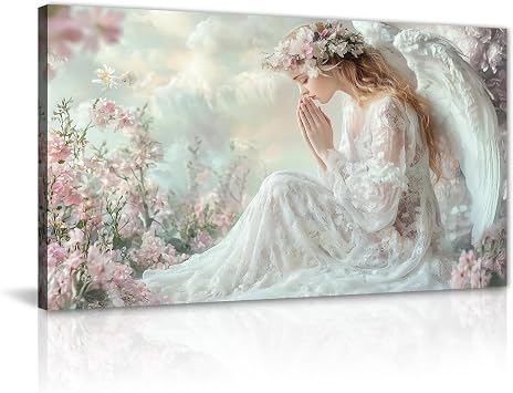 GLOKAKA Angel Wall Art Elegant Angel with White Wings Canvas Prints Pink Flower Field Poster Romantic Artwork for Bedroom Living Room HomeArtwork-1,16"x24"
