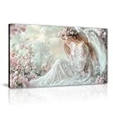 GLOKAKA Angel Wall Art Elegant Angel with White Wings Canvas Prints Pink Flower Field Poster Romantic Artwork for Bedroom Living Room Home(Artwork-1,12