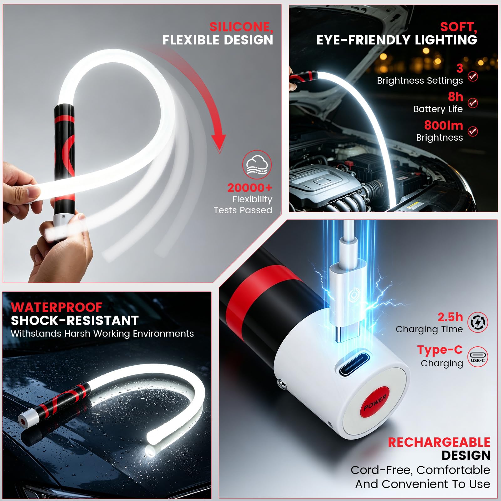 Biegsame LED Arbeitsleuchte Magnetische Taschenlampe,76cm Flexibler Stab mit 360° Knickbar, Werkstatt, Camping& Notlicht–USB-C Schnellladung Akku LED Lampe,2 Stück + Handschuhe