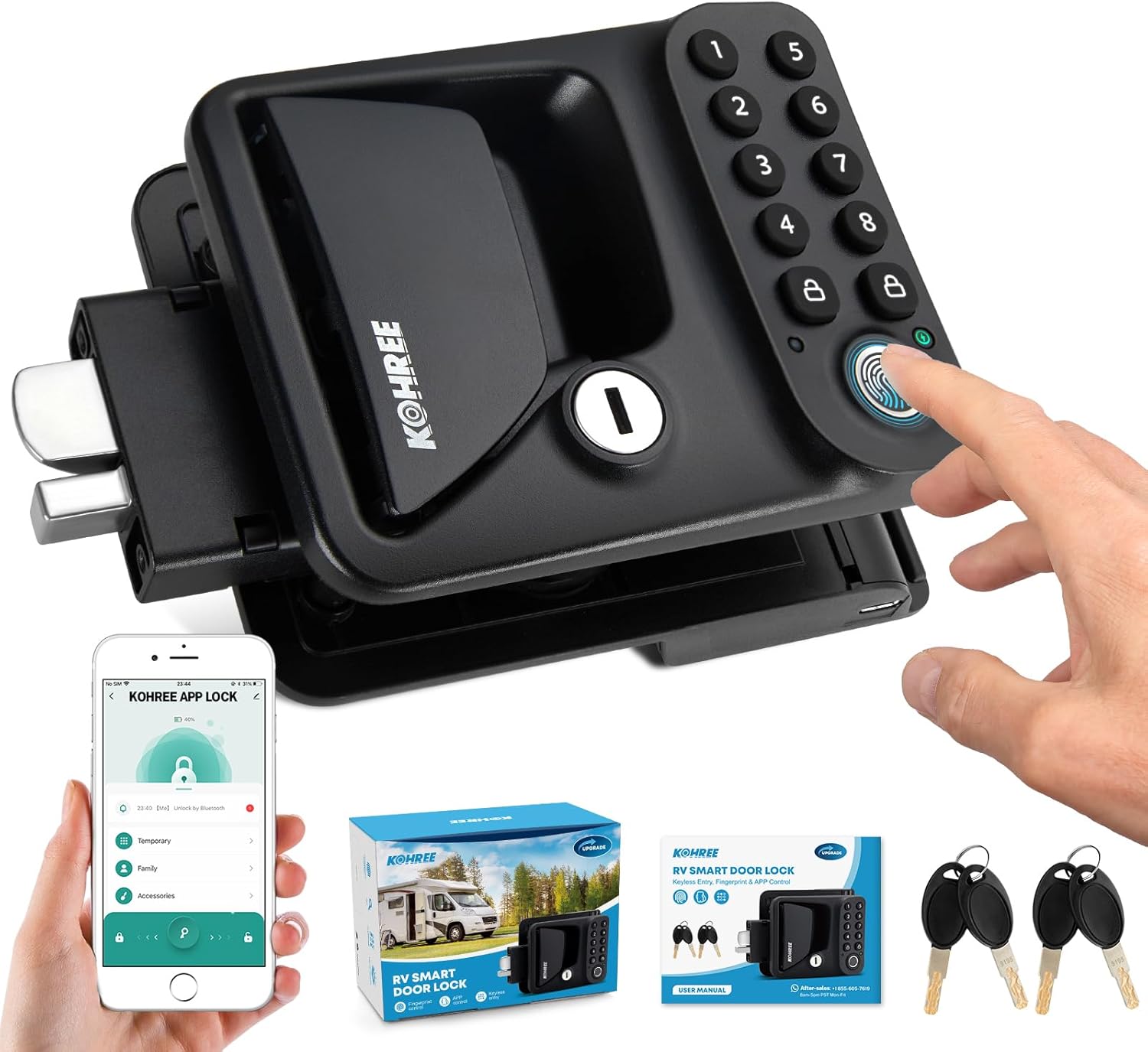 Kohree Upgraded RV Door Lock Keyless Entry, 4-in-1 RV Door Locks Replacement with APP, Fingerprint, Password, Keys, Bluetooth RV Keyless Entry Door Lock for Trailer Camper RV Travel Trailer Door Latch Kohree Upgraded RV Door Lock Keyless Entry, 4-in-1 RV Door Locks Replacement with APP, Fingerprint, Password, Keys, Bluetooth RV Keyless Entry Door Lock for Trailer Camper RV Travel Trailer Door Latch
