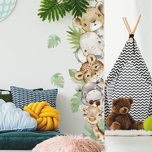 Miniatura 61 de Calcomanías de pared de animales de acuarela de 56.29 x 44.88 pulgadas, calcomanías de animales de selva, tigre, elefante, cebra, jirafa, mono
