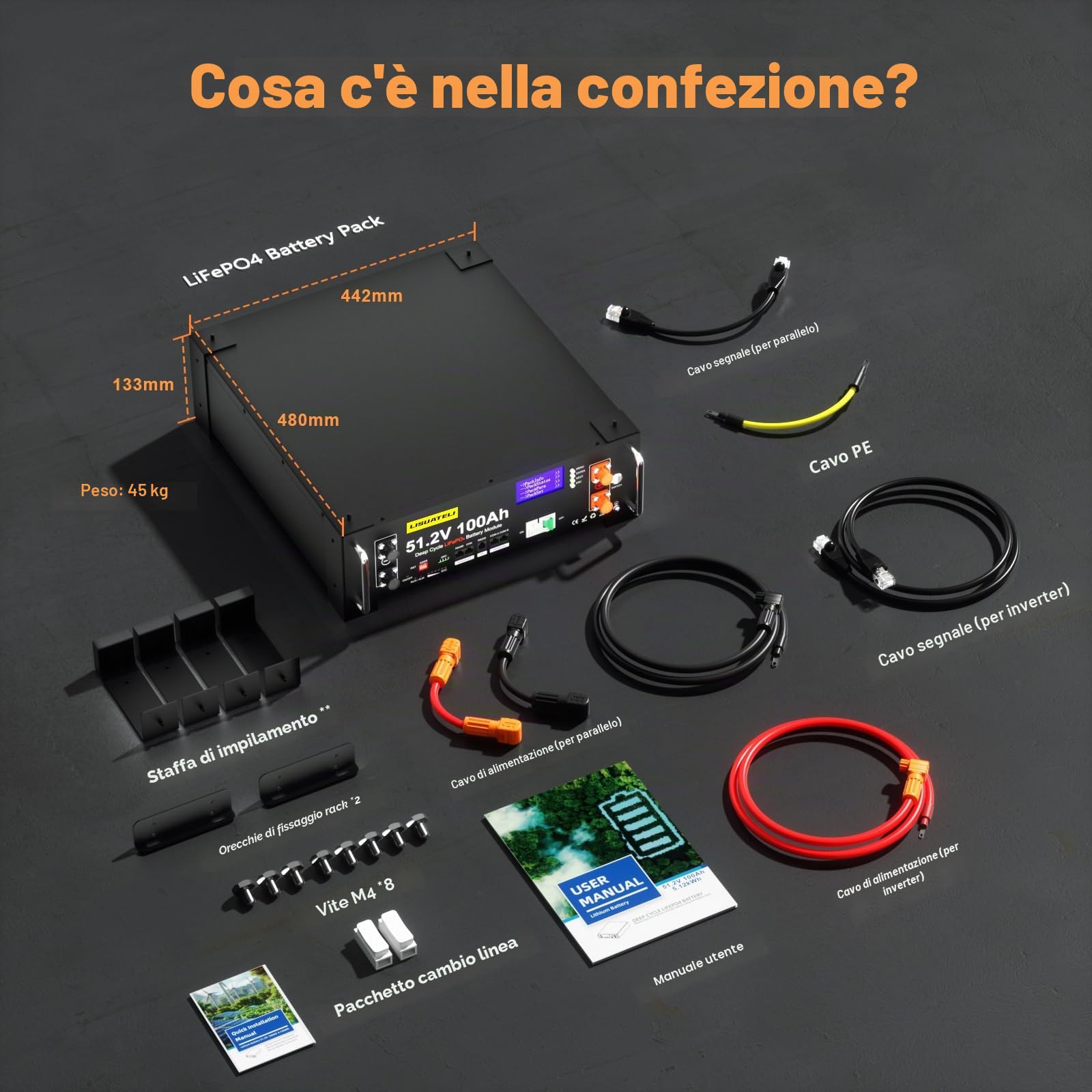 Batteria al litio LiFePO4 48V 100Ah con BMS 100A, 5,12KWh batteria al litio 48V rack server batteria solare per impianto solare set completo, impianto fotovoltaico, camper, accumulo di